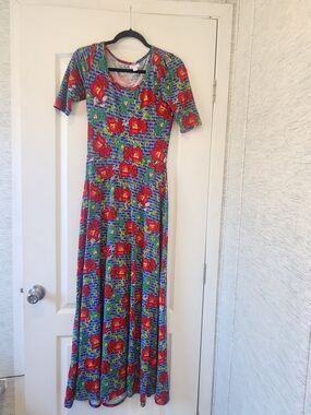 LuLaRoe Red Floral & Blue Maxi Dress S Euc